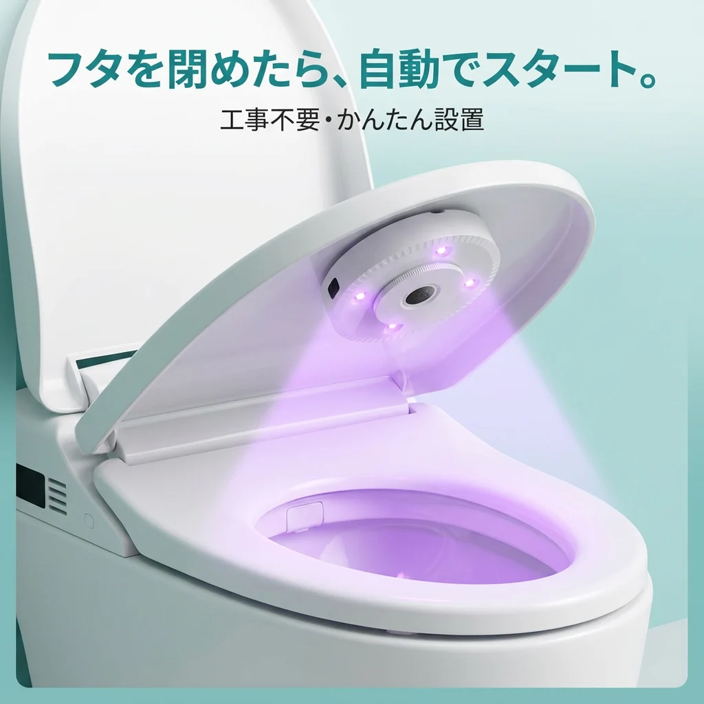 円形のUVCライトがフタの内側から便器内を照らす様子