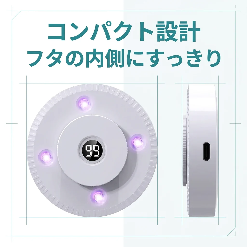 円形の本体を正面と側面から示したコンパクト設計の説明図
