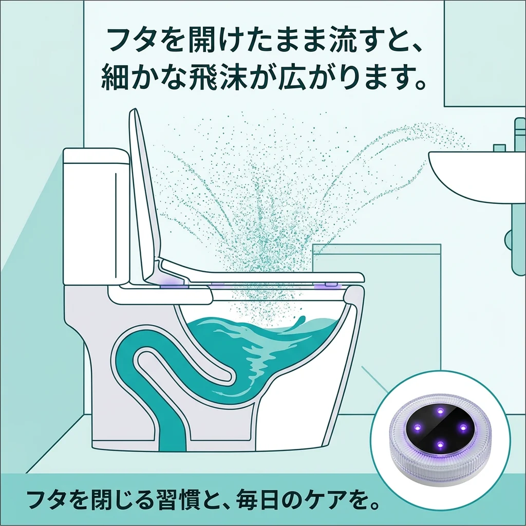 フタを開けたまま流すと見えない飛沫が舞い上がり、周囲の棚まで広がることを示した断面図