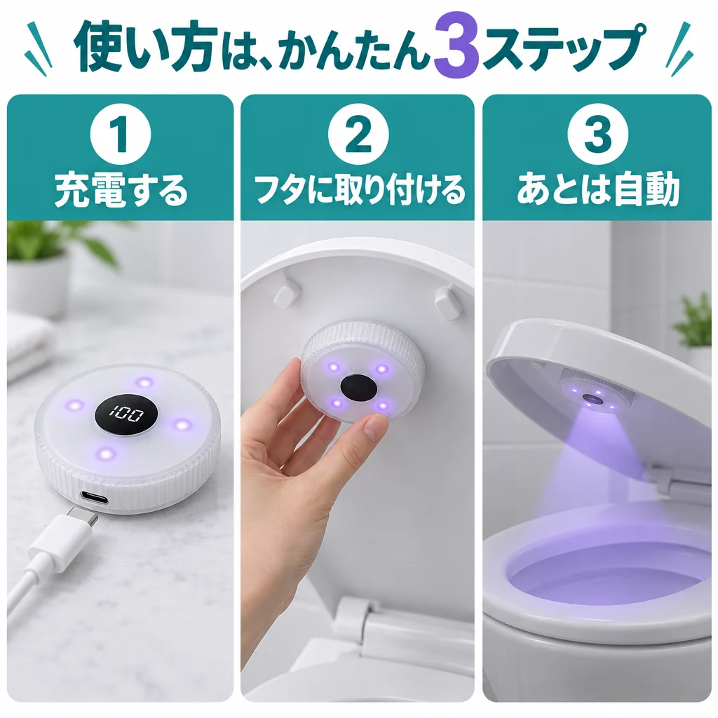 円形の本体を充電し、フタの内側に取り付けて使う3ステップの説明図