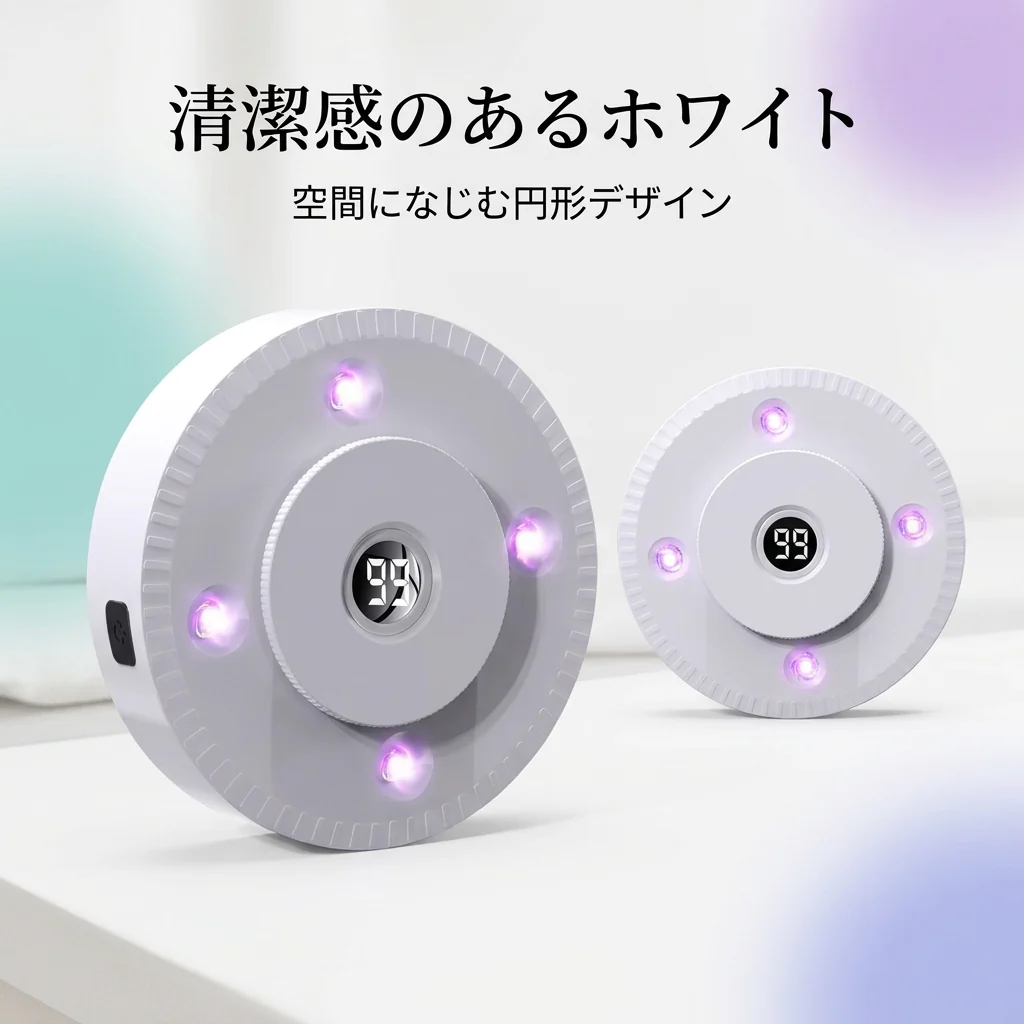 清潔感のあるホワイトの円形UVC除菌ライト本体