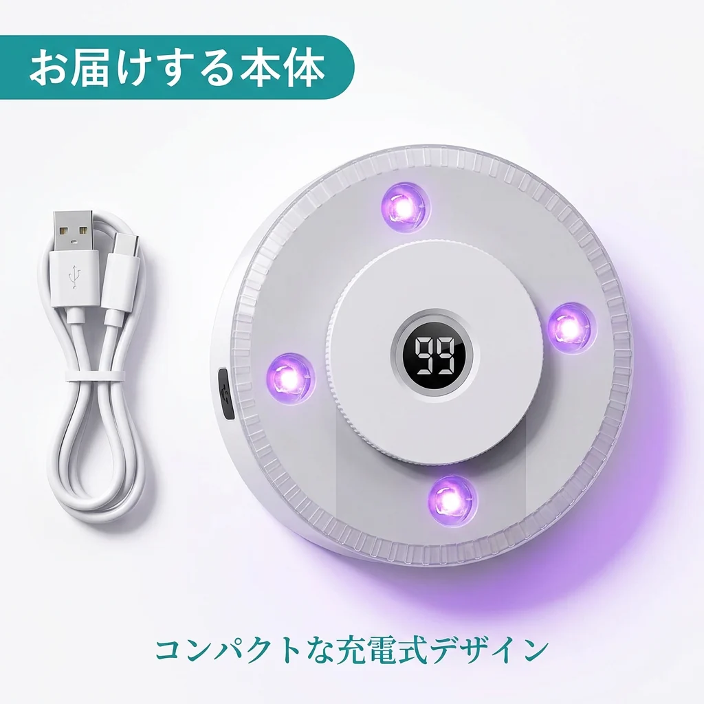 ホワイトの円形UVCライト本体とUSB Type-C充電ケーブル